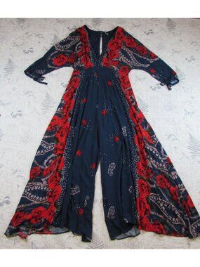 Free People Women’s Jumpsuit Rose Valley RedFloral Wide Leg Pants Boho womens L